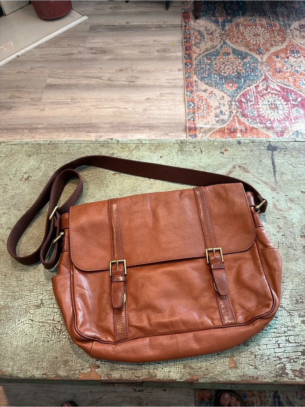 Vintage Fossil Brown Leather Briefcase Messenger Bag Crossbody Satchel Buckle